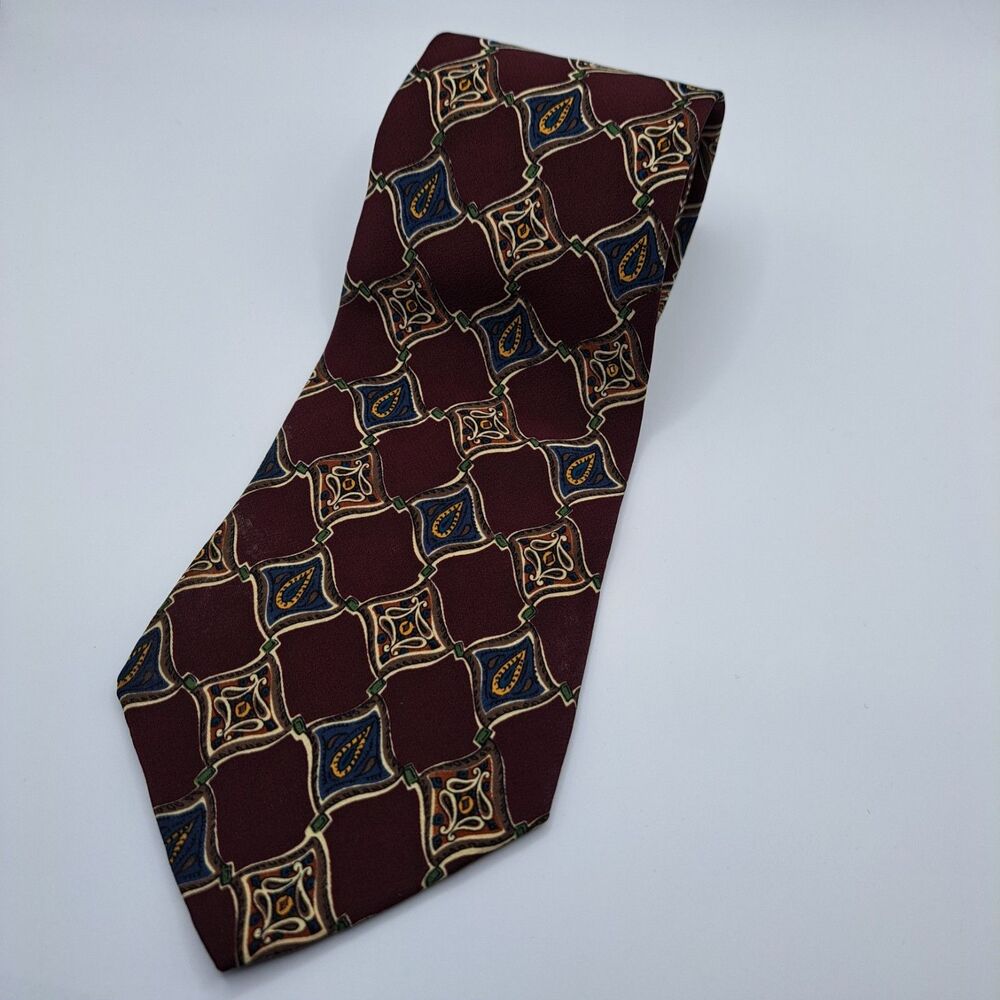 Vintage Chaps Ralph Lauren Tie Burgundy Multicolor Geometric‎ 100% Silk USA